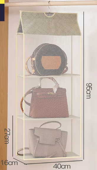 Sac de rangement suspendu beige à 3 niveaux, modèle tridimensionnel.