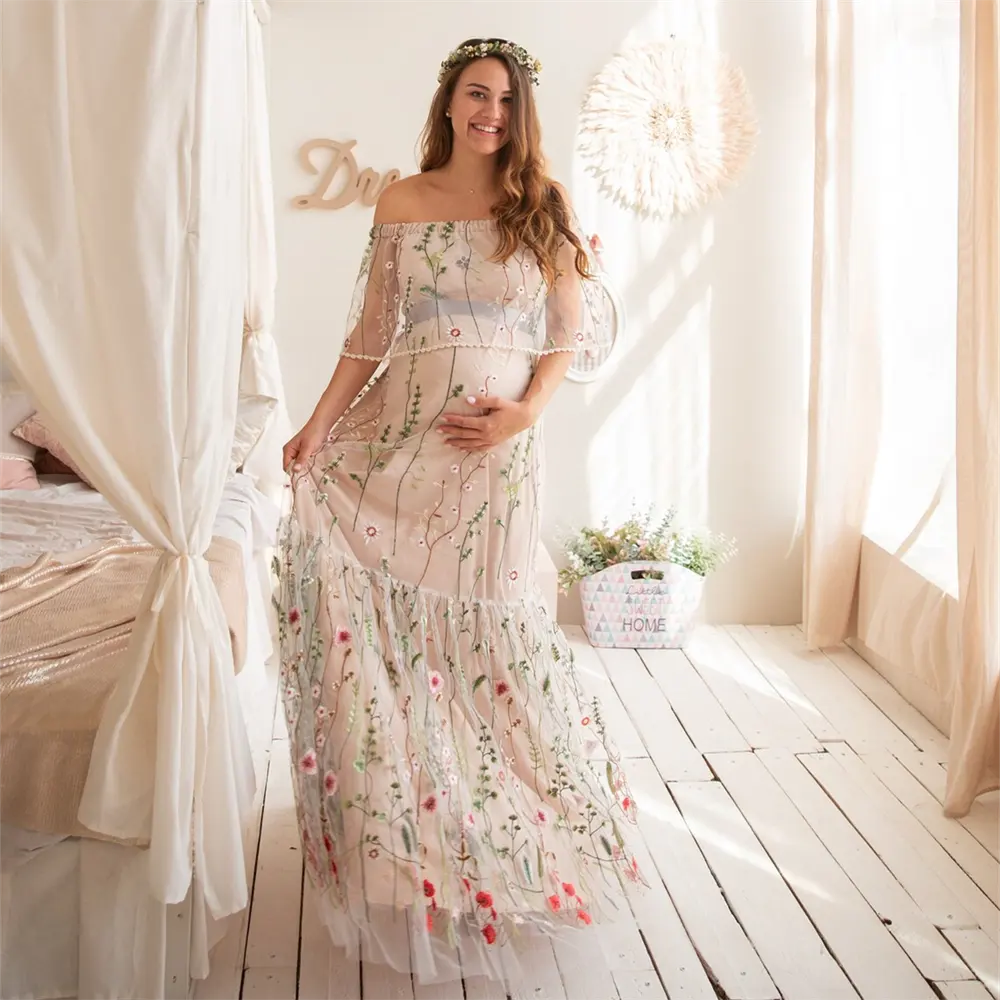 15825 # fuera del hombro jardín flores hoja bordado encaje vestido de novia para mujeres embarazadas vestido de novia maternidad sesión de fotos vestido