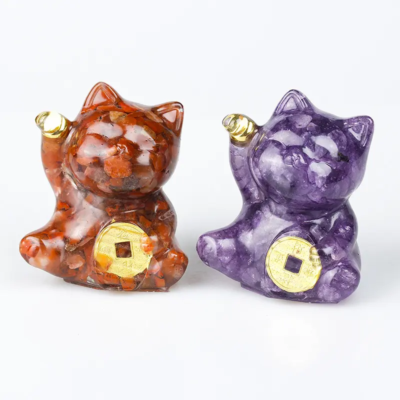 Wholesale natural crystal gravel stone resin fortune cat ornaments amethyst rose quartz shells animal crystal crafts