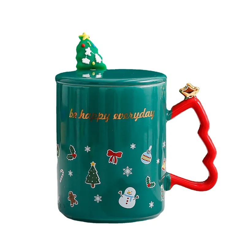 Taza de cerámica con mango navideño para el hogar, taza de café con cuchara, regalo con tapa