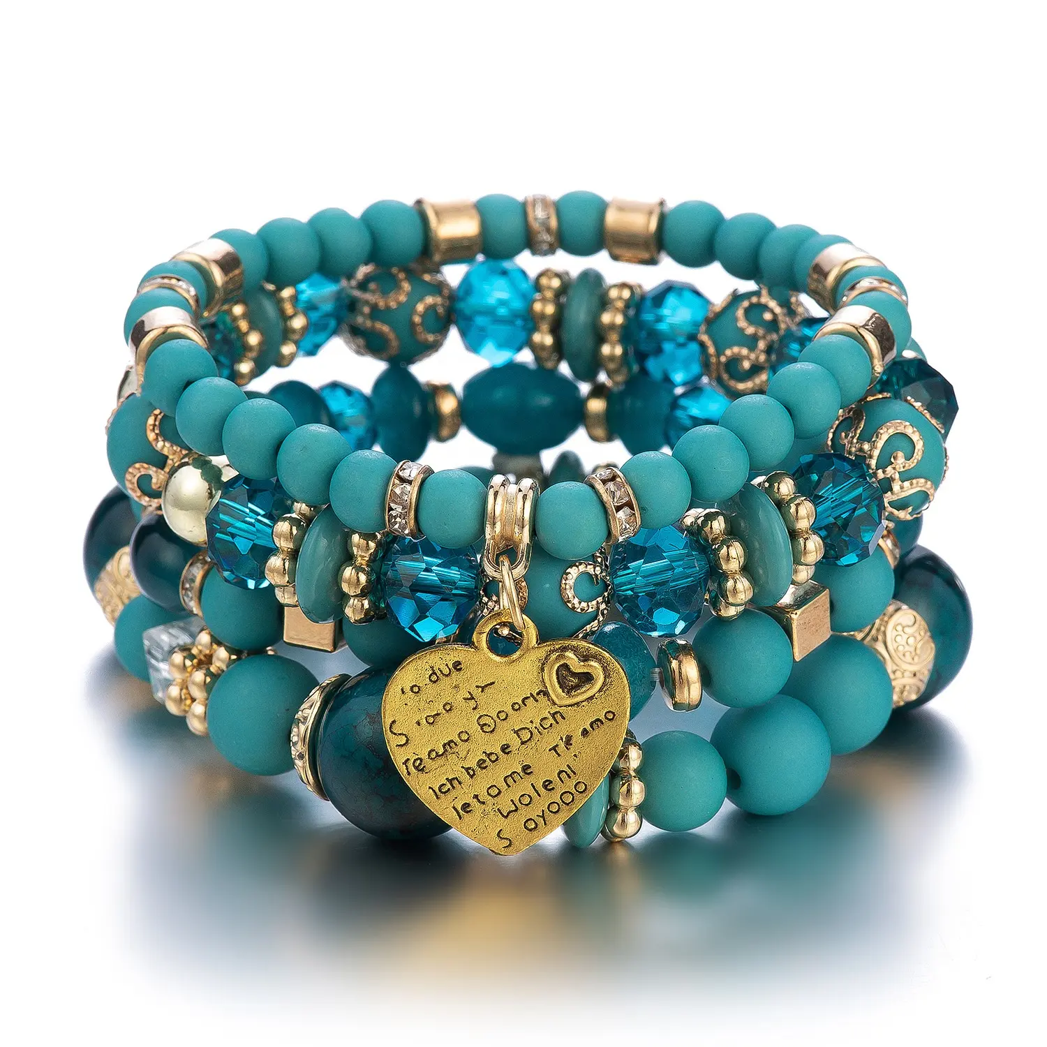 Mode style ethnique multicouche bijoux dames cristal pêche coeur bracelet perlé en gros