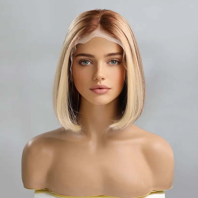 12 Zoll Ombre braun blonde Bob Perücken Knochen gerade kurze Frisur transparente Spitze Front Perücken für Frauen Echthaar Perücken