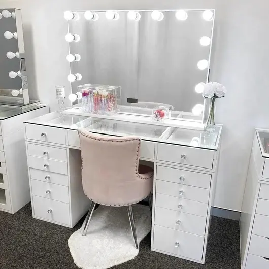 2023 Light Luxury White Dreizehn Schubladen Mirrored Vanity Table Wohnzimmer Mirrored Furniture Schmink tisch Kommode Nachttisch
