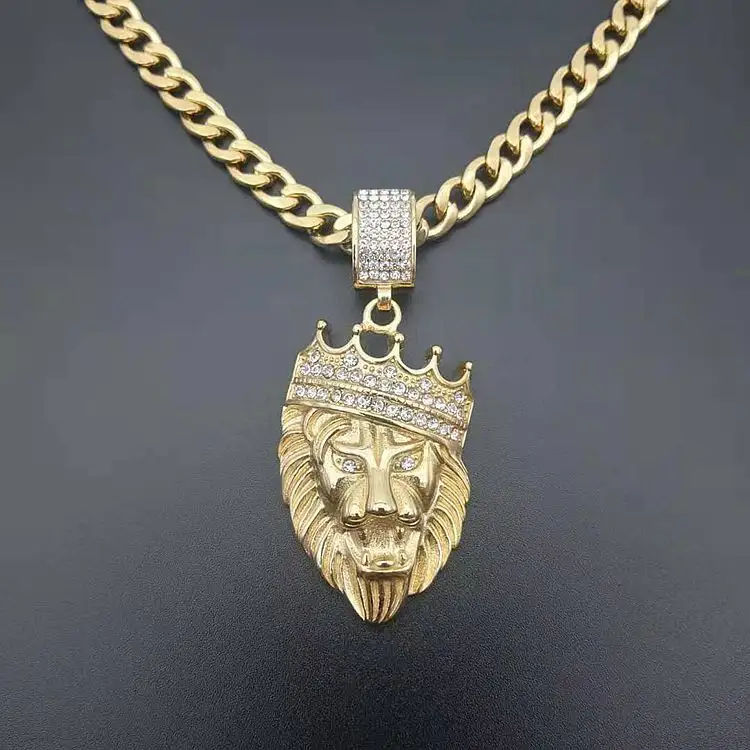 Colar pingente de cabeça de rei, joia de hip hop 316l com pingente de cabeça de rei, colar banhado a ouro, diamante, coroa, grande leão
