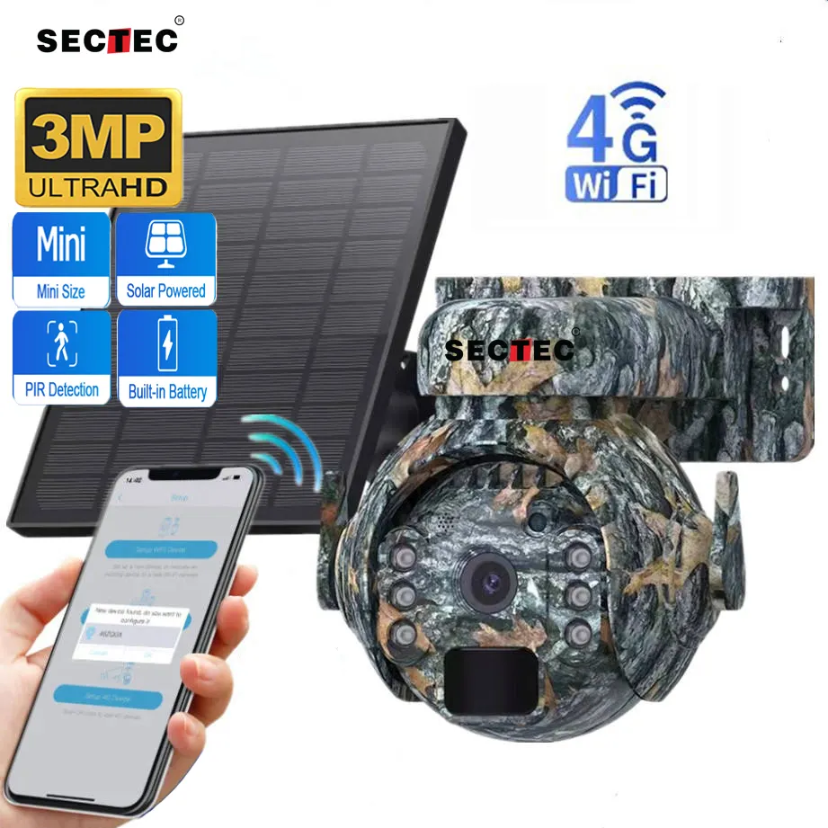 Sectec 2024 extérieur Camouflage Shoot Trail chasse caméra réseau 3MP 4G carte Sim batterie solaire 5200mAh PTZ Mini caméra