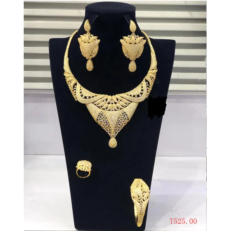 Set-5 joyas chapadas en oro indio xuping, conjunto de novia de joyería de circonita, conjunto de collar joyería de mujer