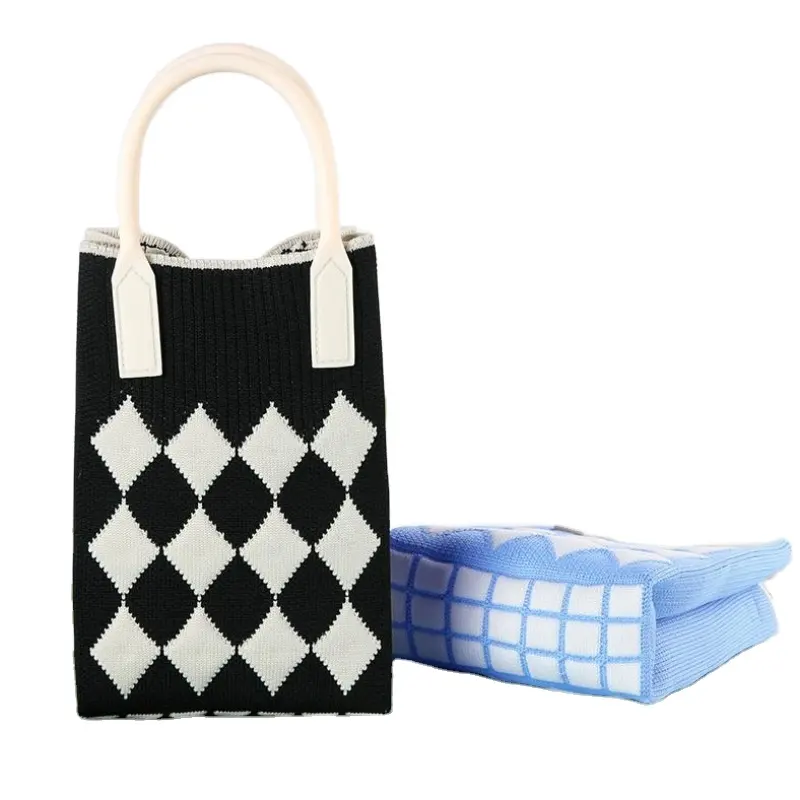 Moda diseños de formas geométricas Crochet Purse Tote Bag con asa de silicona Mini Mobile Knitted crossbody bolso