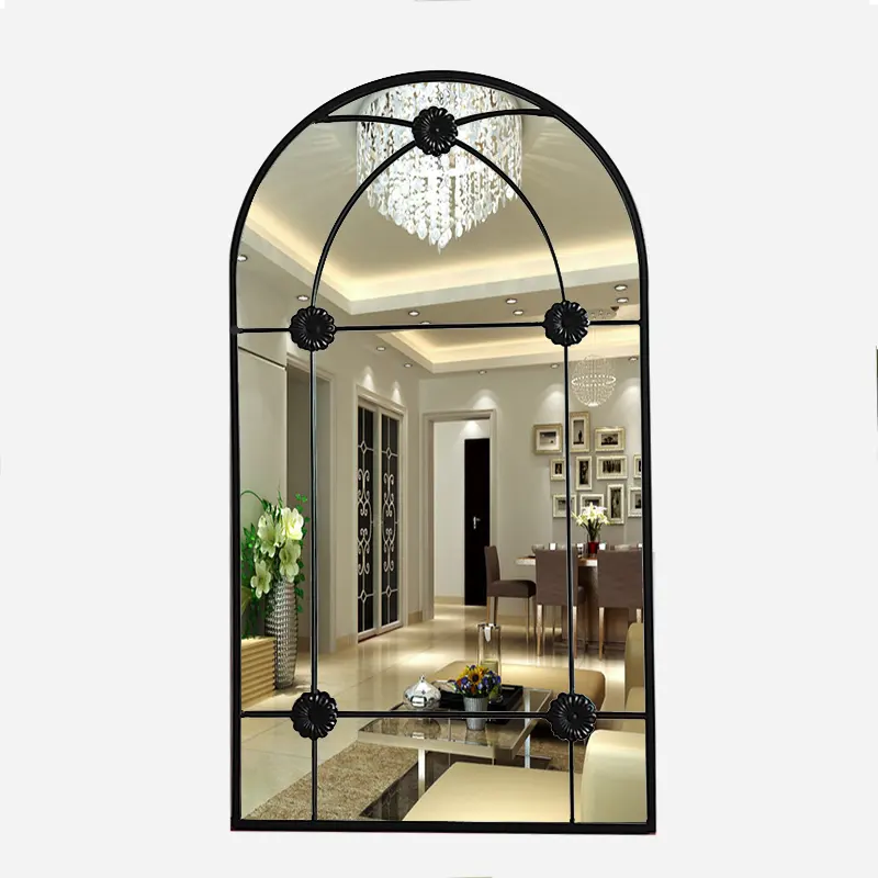 Espejo de pared con marco de metal para baño, espejo colgante de pared con rejilla y diseño vintage, largo y grande, color negro