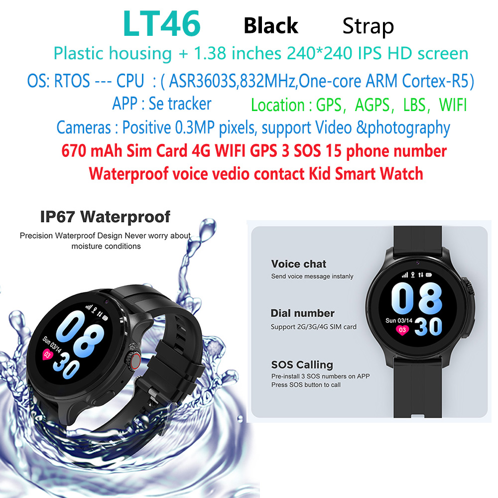 Black LT46-kid-4g-sim-sos-gps-tracker-smart-watch