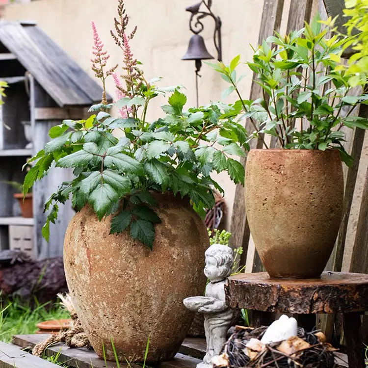 Vaso de flores de terracota, jardim de casa decorativo feito à mão grande pote rústico boca larga