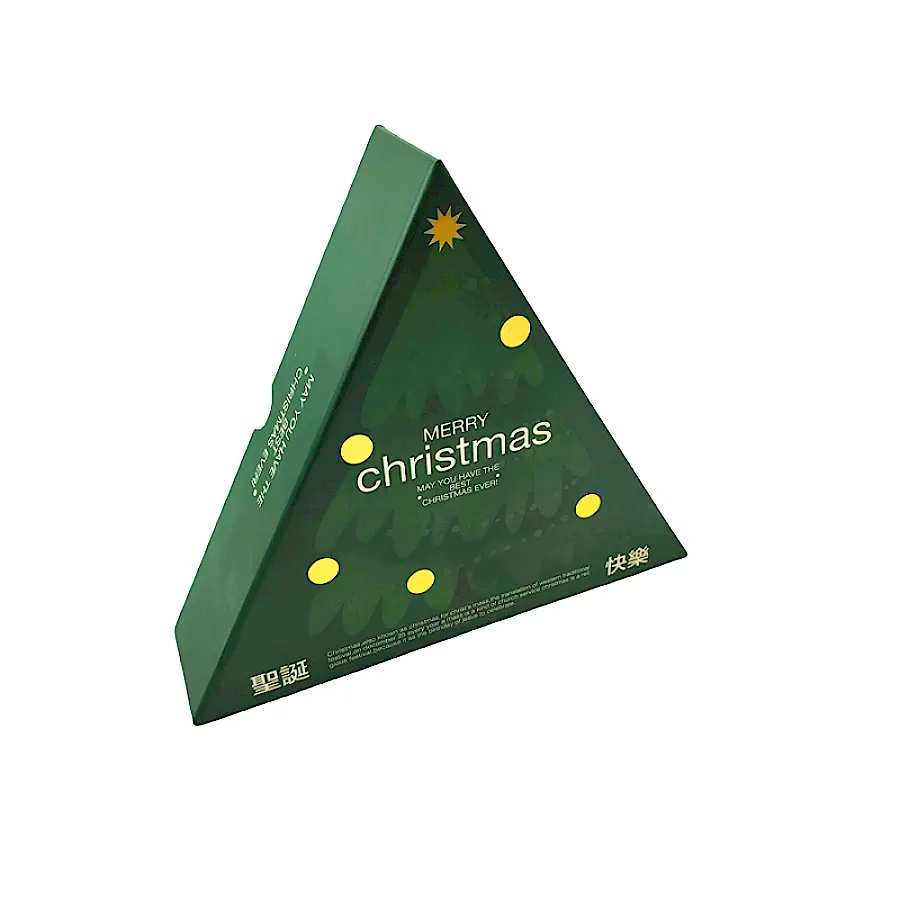 Caja de papel de embalaje de árbol de Navidad verde de cartón duro con forma de triángulo personalizado caja de embalaje de regalo de Navidad con logotipo de lujo personalizado