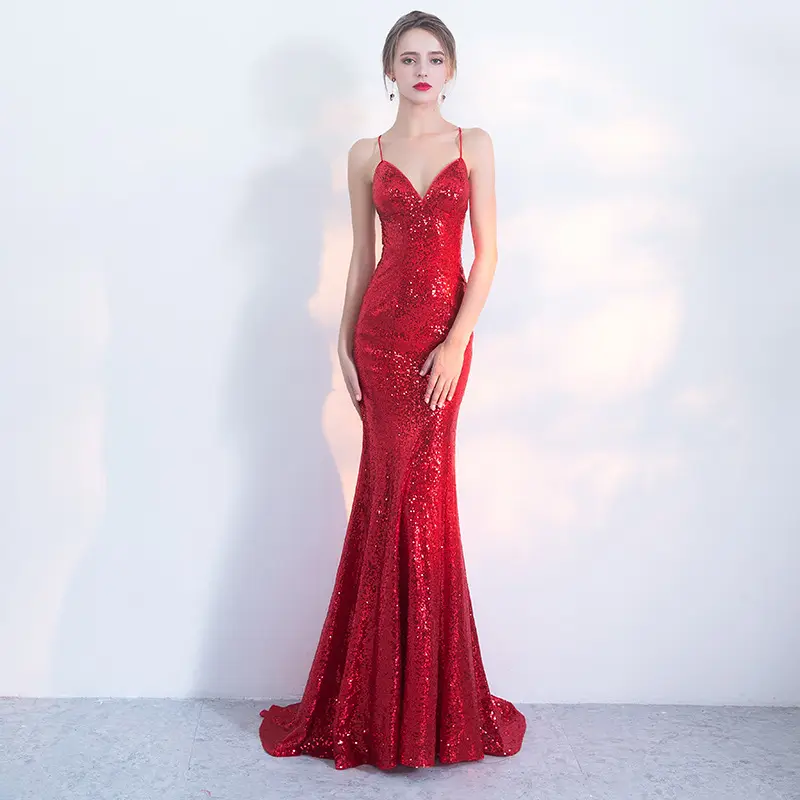 Vente en gros Robes de bal classiques sans manches rouges dos nu élégantes et sexy pour femmes Robes de soirée maxi longues à paillettes