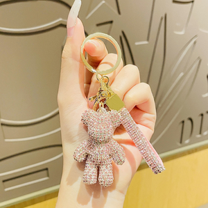 流行可爱女孩汽车钥匙圈蓝色粉色钻石全水晶石自行车小泰迪熊钥匙扣