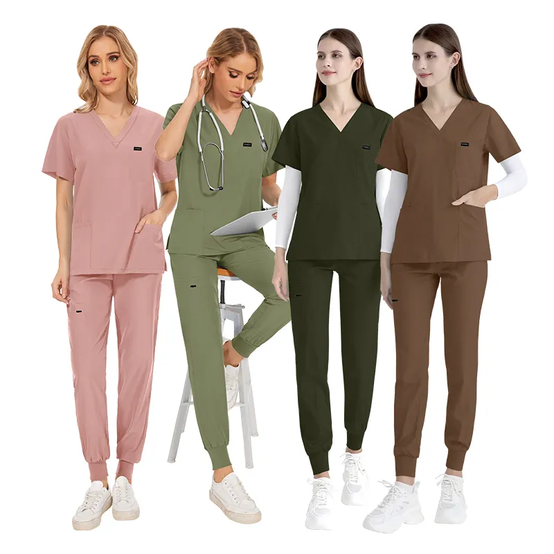Personalizado Plus Size Pescoço V Design Lado Dividir Top Enfermagem Scrubs Conjuntos Uniformes Enfermeira Jogger Conjuntos