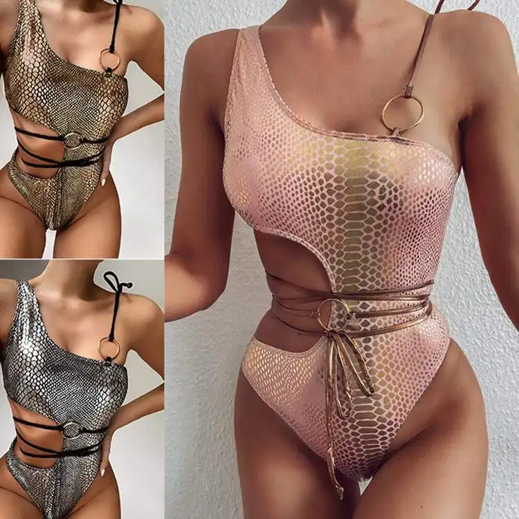 Gold Bikini Set Swimwear Women String Bandage Bathing Suits Sexy Ring Swimsuits High Cut Bikini Snake Print Beach Wear