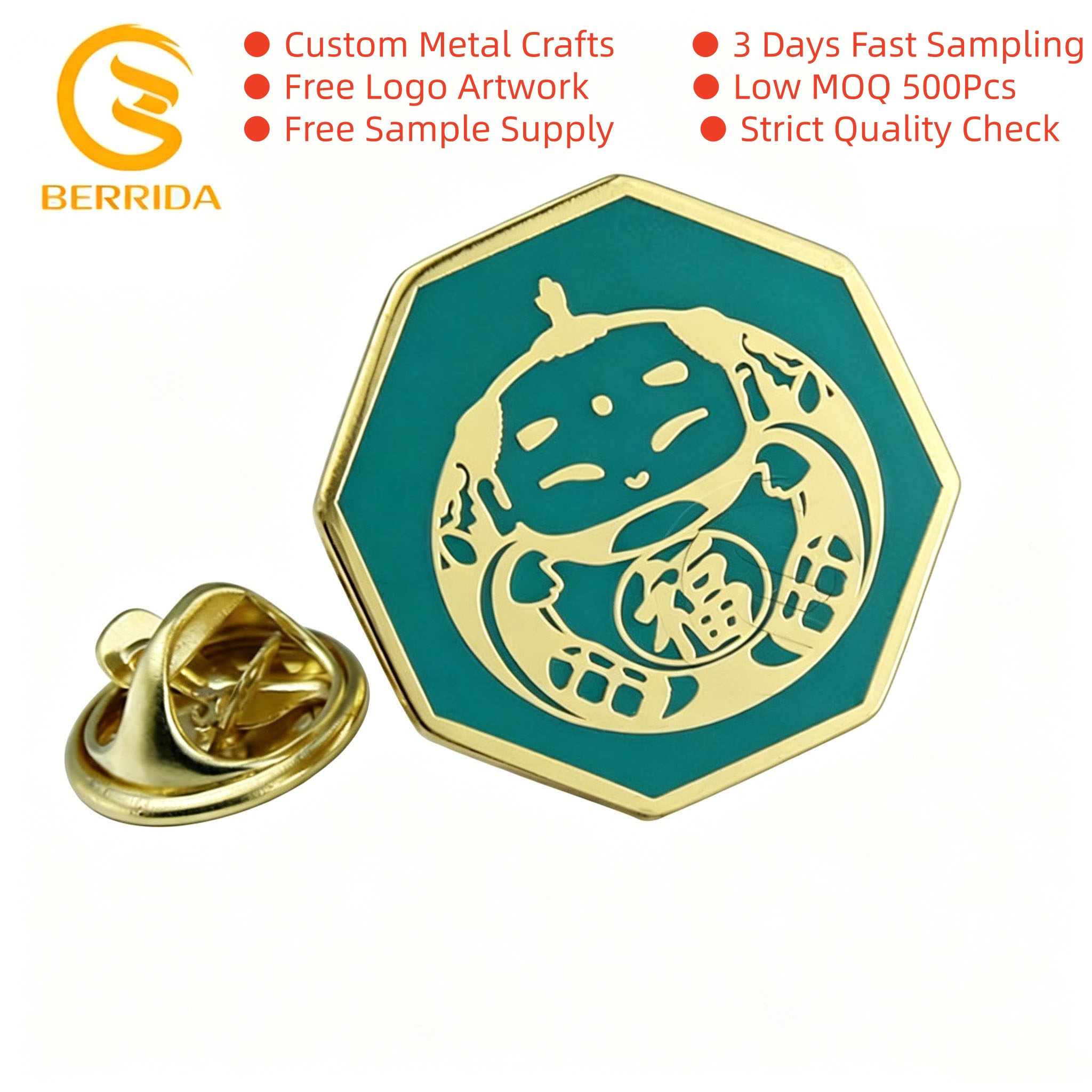 Pin's octogonaux personnalisés porte-bonheur en émail, badges métalliques de fortune