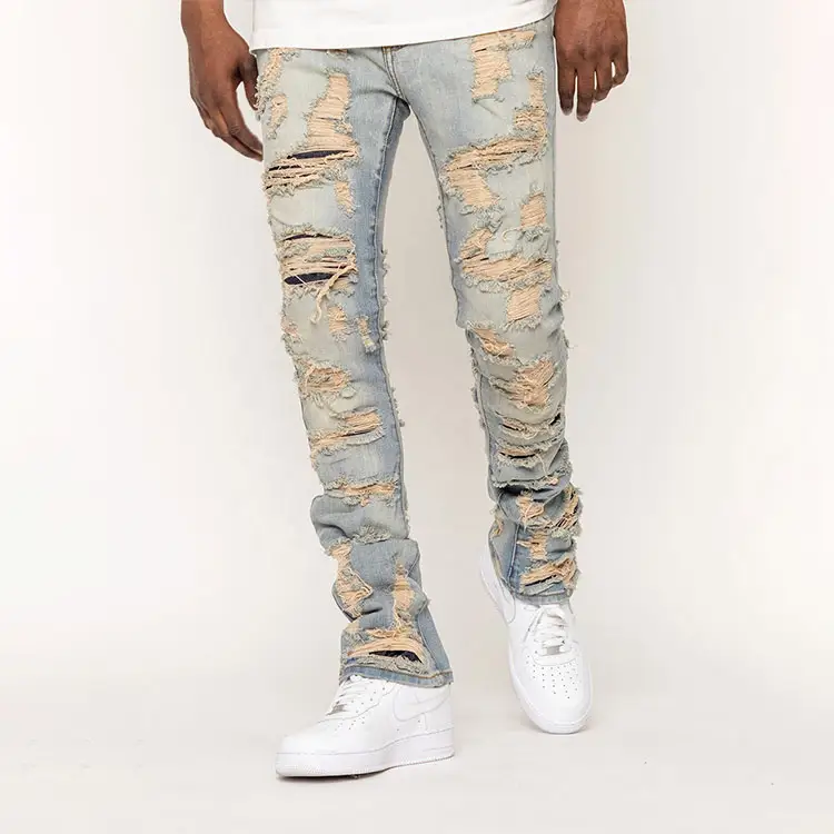 Jean slim délavé en Denim pour hommes, Style personnalisé, Vintage, jean déchiré, empilé, offre spéciale