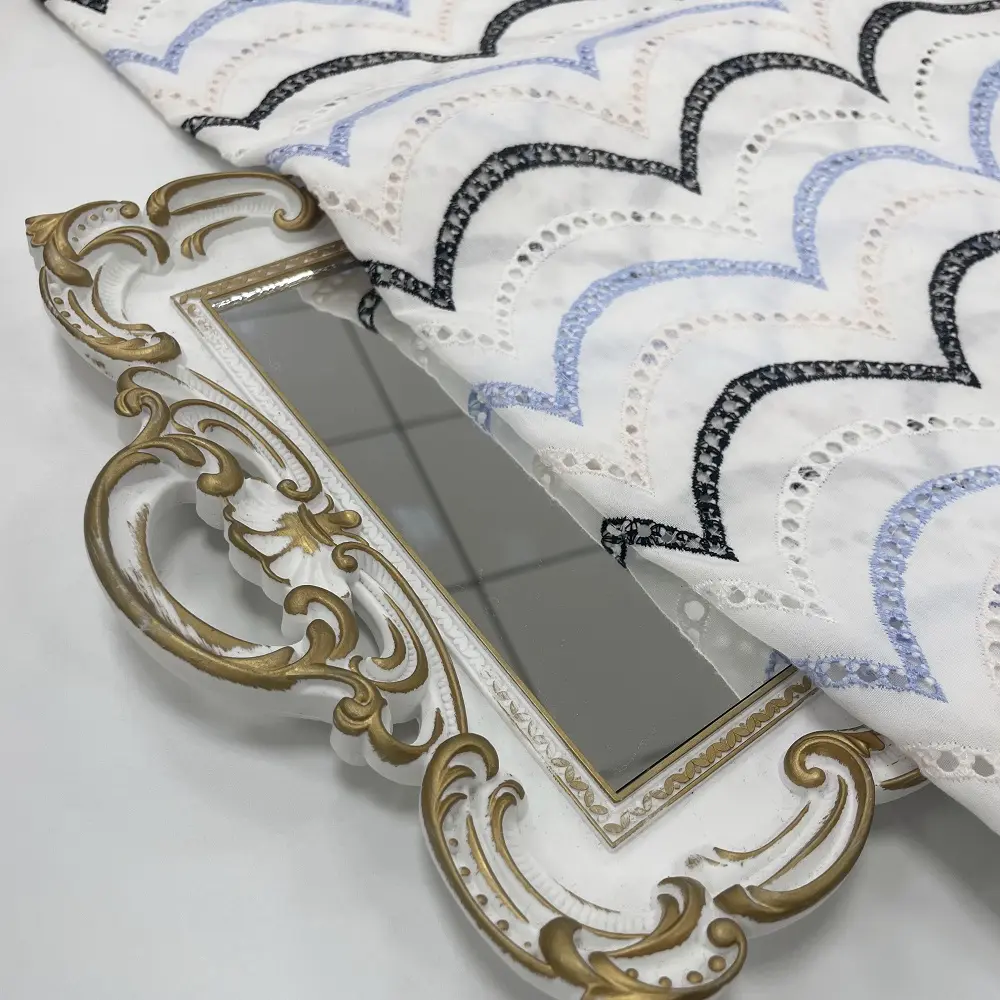 Tela de bordado para vestido, tejido personalizado de rayas onduladas en blanco, negro, azul, beige y blanco, barato