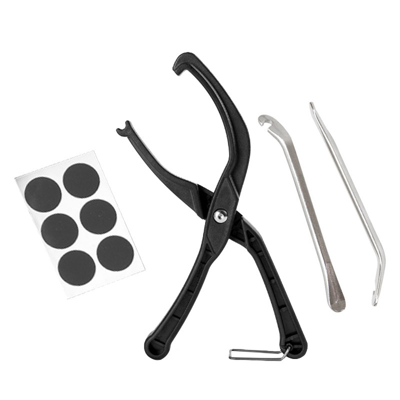 Tire pry bar, black tire repair patch, tire lever
