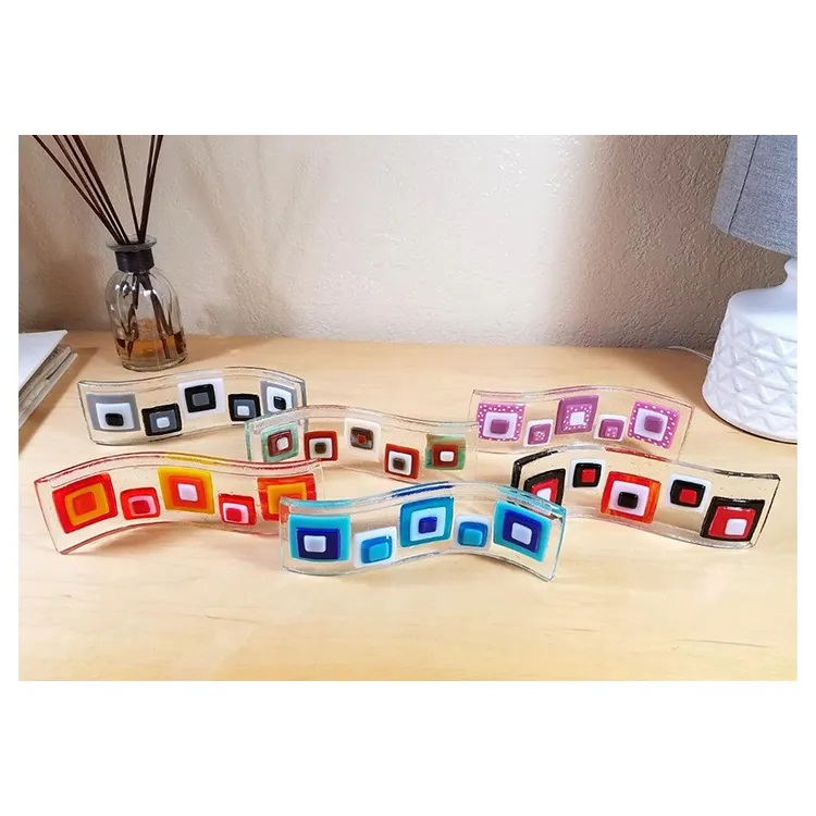 Fused Glass Photo Holders Handmade Fused Stained Glass Card Holders Colorful Retro Curvy Free Standing Fused Glass Crafts