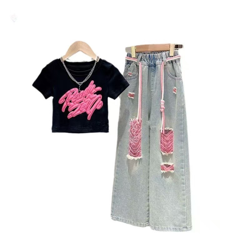 Negro graffiti Top + pantalones de mezclilla traje