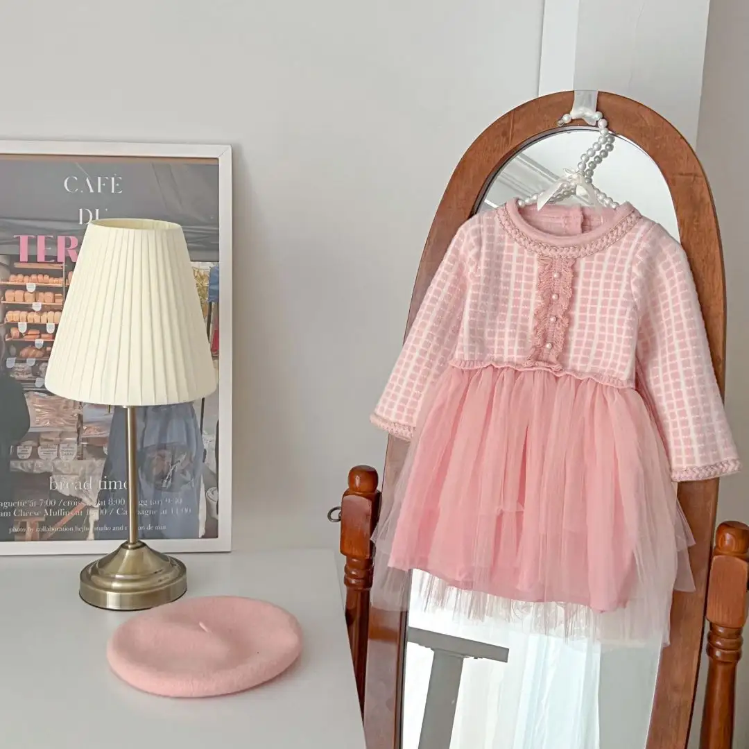 Robe de couleur rose pour enfants Robe de princesse tutu pour enfants à manches longues