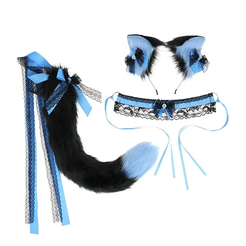 Handmade Lolita animal ear and tail accessories lace headdress collar cat ear hair hoop cat tail suit performance props