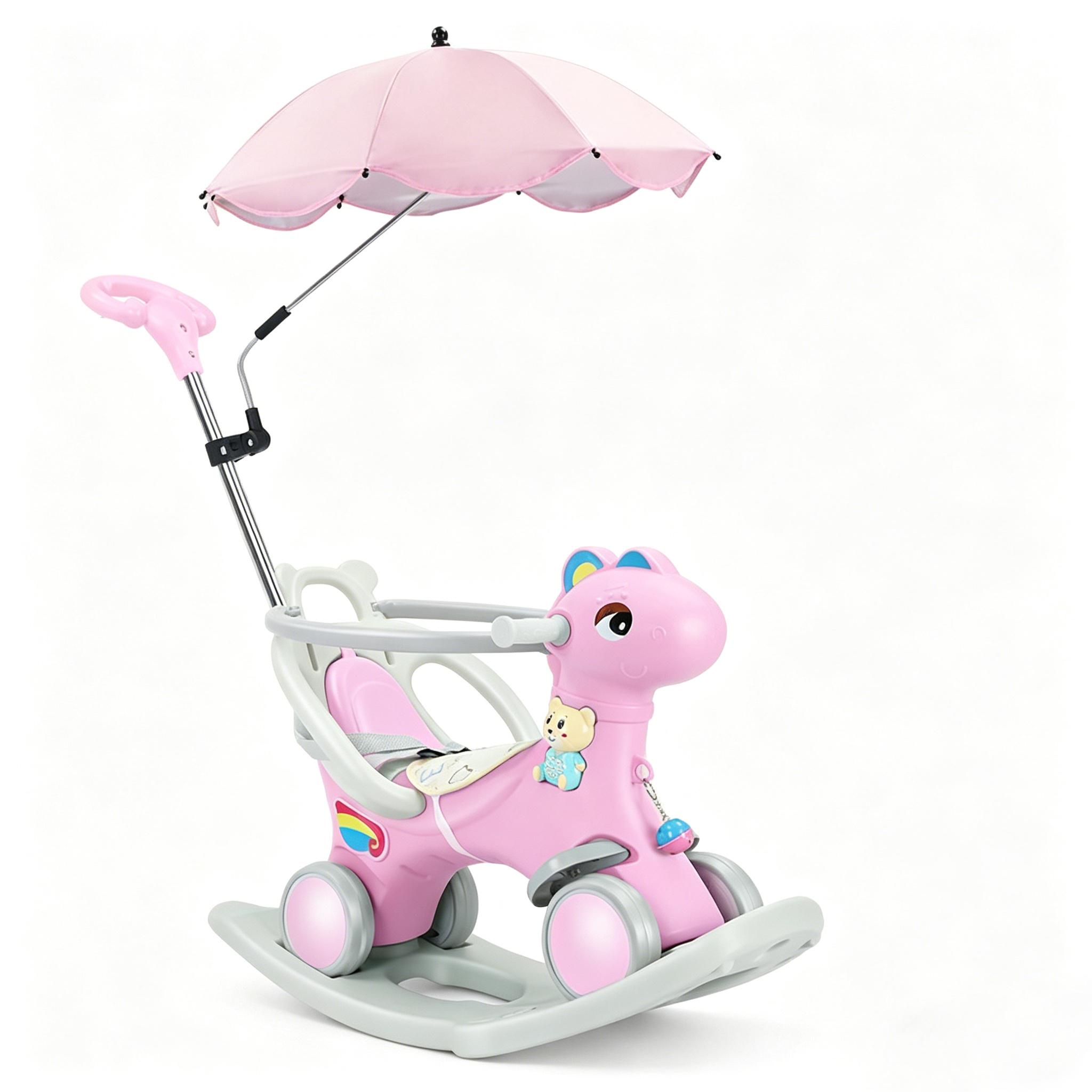 Cheval à bascule rose 4-en-1 + parapluie