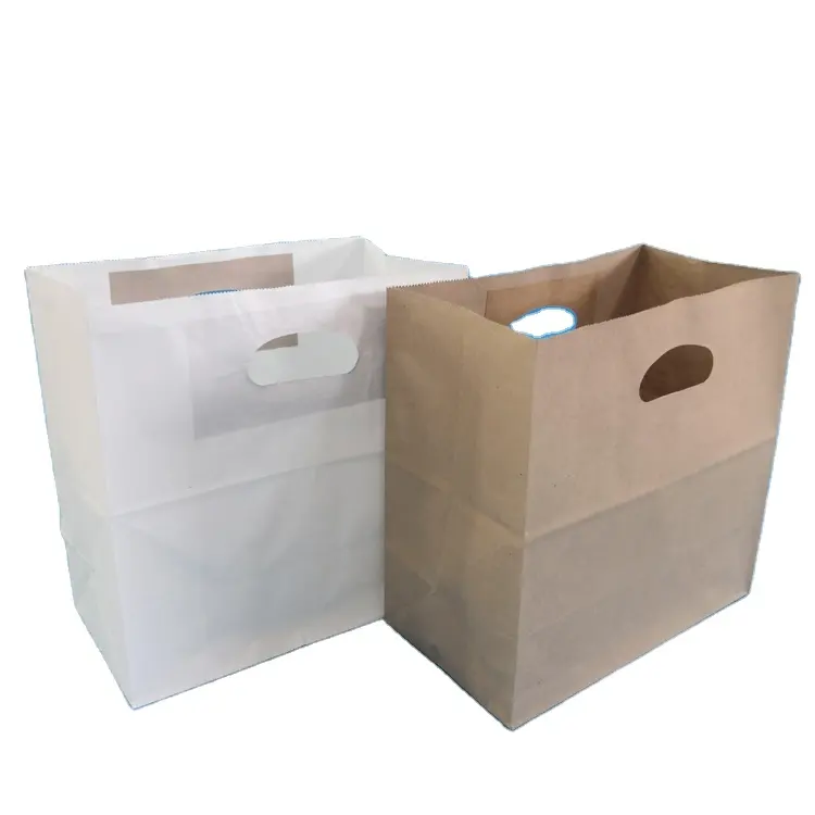 Sacola de compras com alça de remendo para embalagens de compras de presente, sacola de papel com logotipo personalizado de alta qualidade e corte
