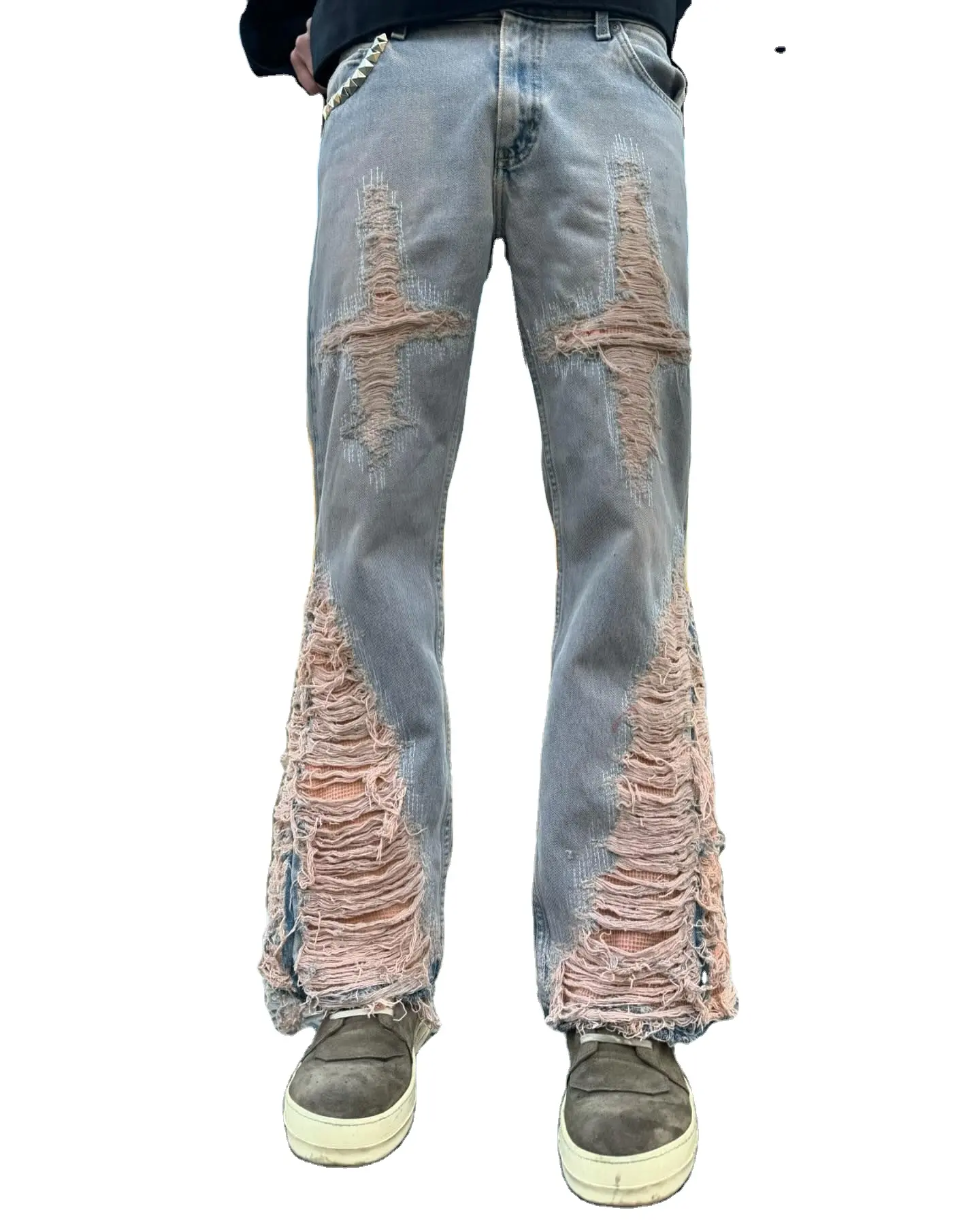 Zhuoyang Designer de vêtements en gros de haute qualité lavable endommagé jeans amples High Street hommes Jeans nouveau Design Flare Denim