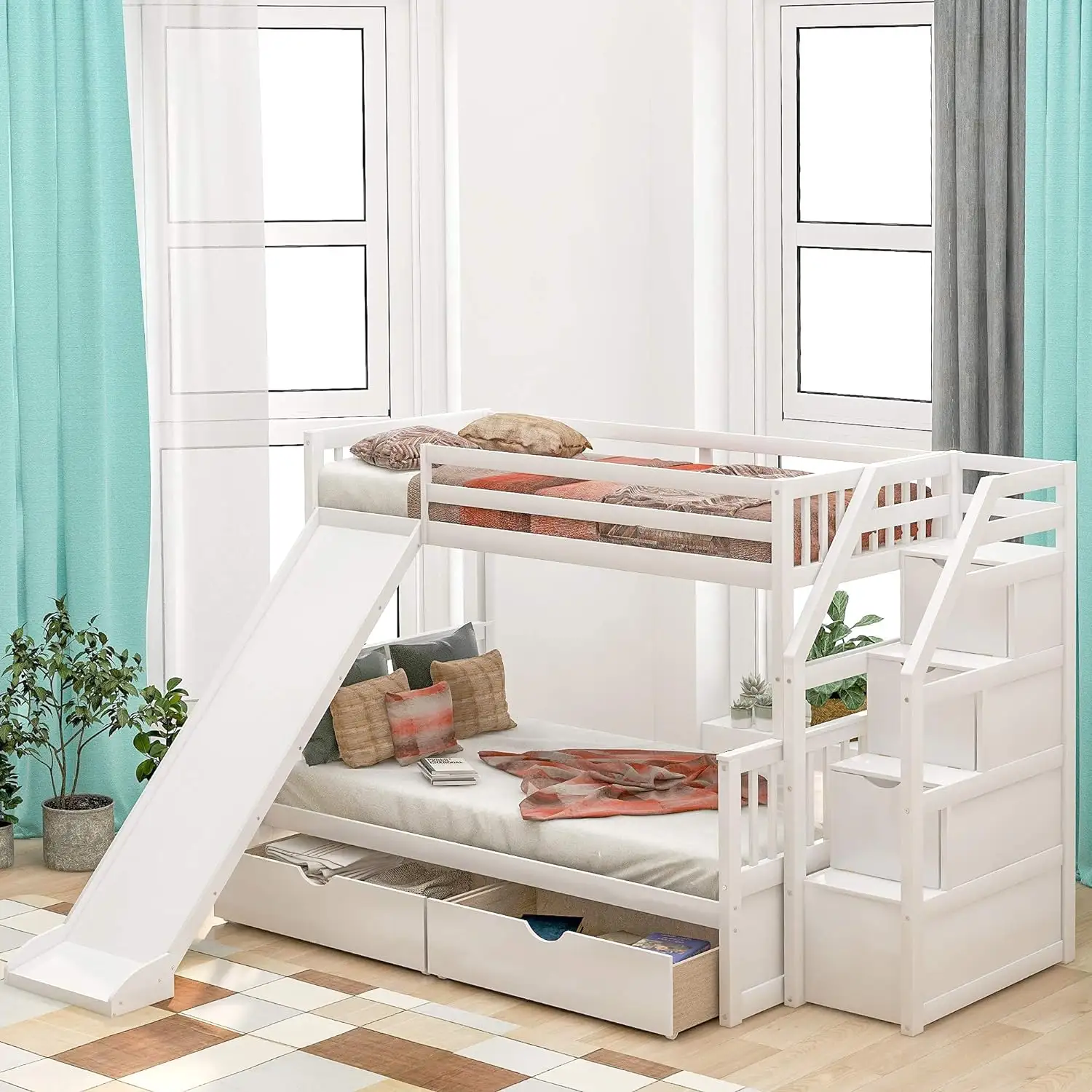 Lit superposé en bois pour enfants mignon lit superposé pour chambre d'enfant avec toboggan coulissant