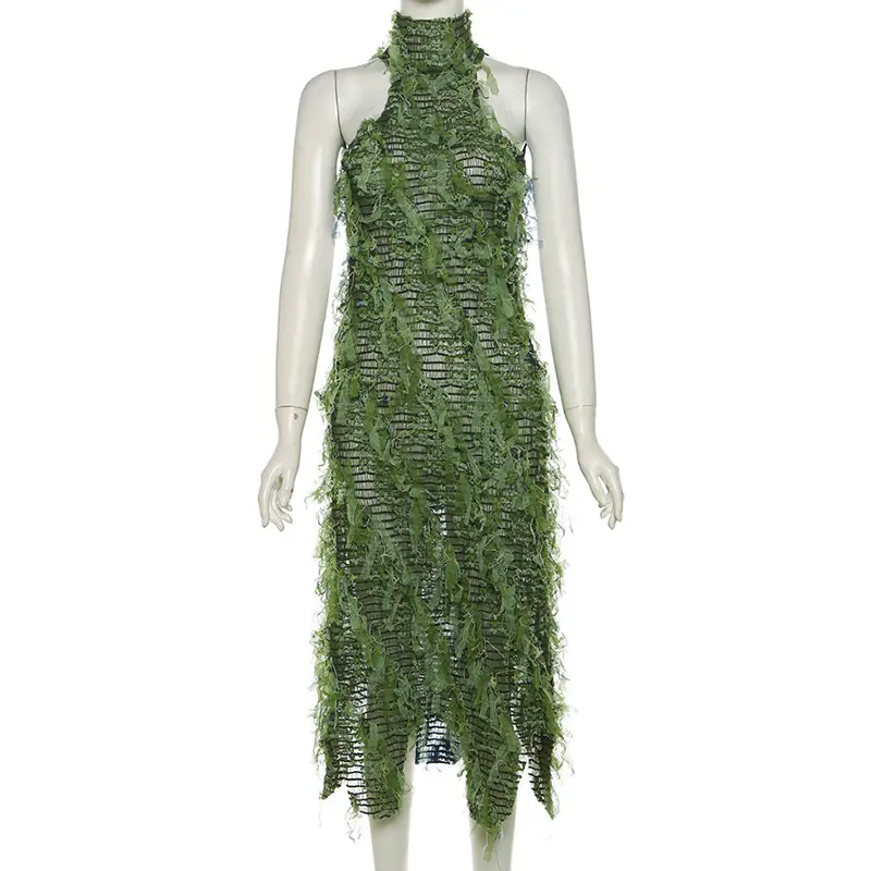 2024 nuevas mujeres Maxi vestidos Halter verde elegante ahueca hacia fuera Patchwork con cordones vacaciones espalda descubierta fiesta Clubwear
