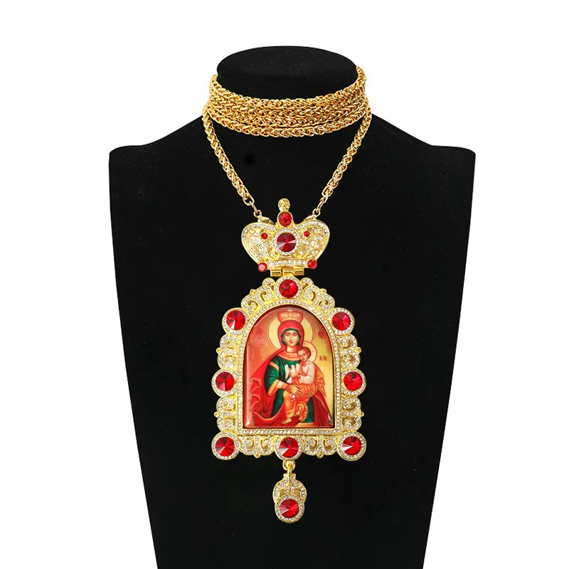 대형 정교회 주교 가슴 십자가 목걸이 금도금 거룩한 예수 마리아 사제를위한 아이콘 펜던트