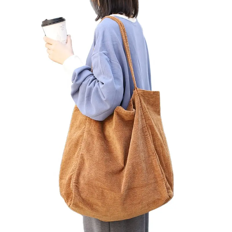 2022 환경 접이식 재사용 캐주얼 캔버스 어깨 가방 코듀로이 지갑 내부 포켓 토트 백 쇼핑 가방 여성