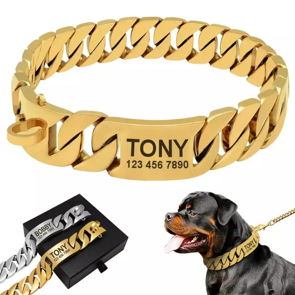 Groothandel Pitbull Luxe Hondenkettingkraag Gouden Charme Cubaanse Schakel Hondenhalsbanden En Riem