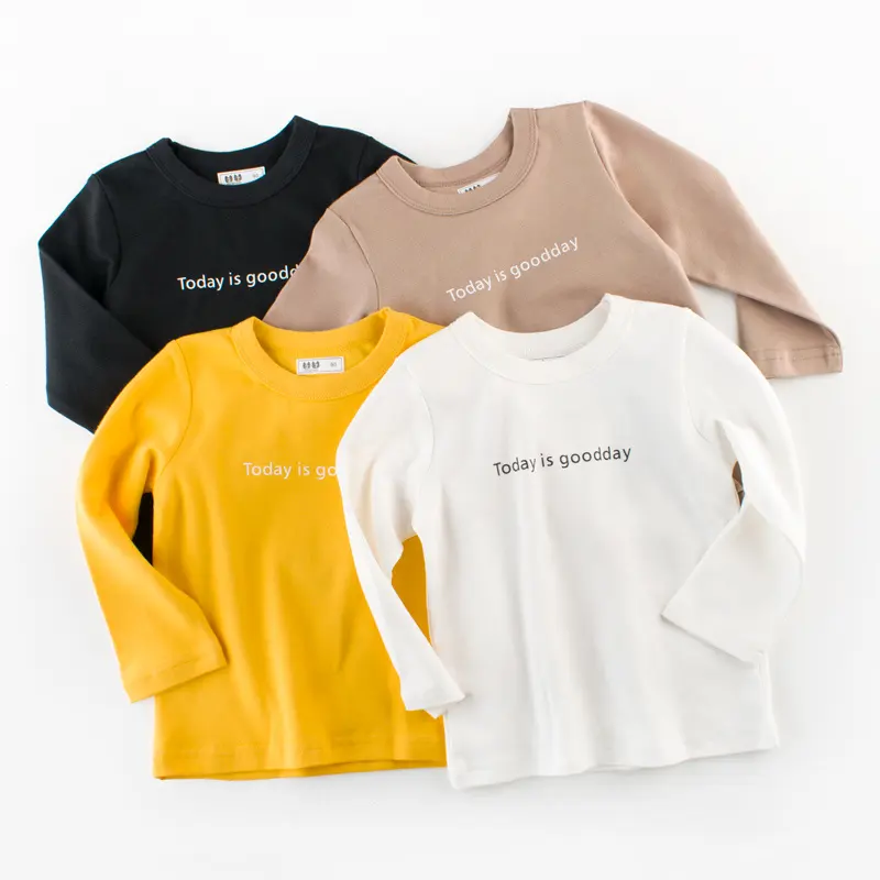النسخة الكورية من قميص أساسي بسيط للأطفال بلون واحد جديد للخريف بنين بطباعة حروف من القطن الخالص بأكمام طويلة