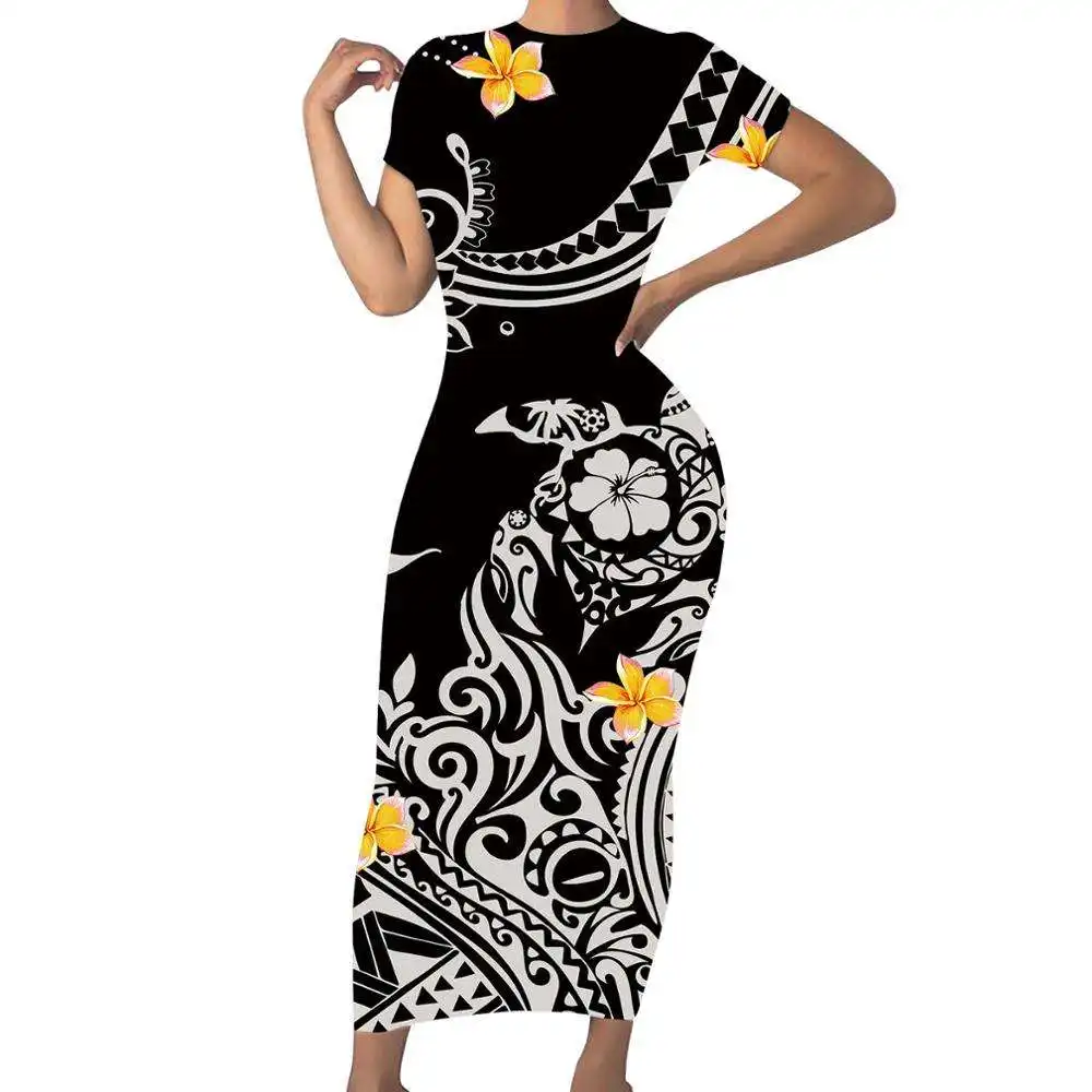 Moda Puletasi manga corta Samoa Hawaii vestido polinesio Tribal Tatau patrón Bodycon Midi vestido para mujer