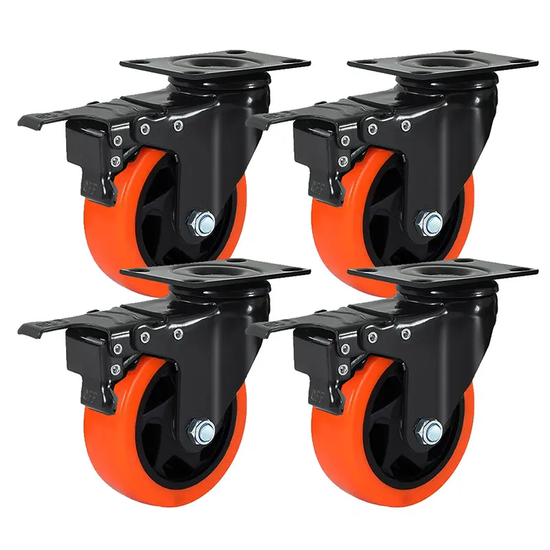 Load 2400lbs No Noise Wheels With Polyurethane Heavy Duty With Brake Castor Set Of 4 Inch Caster Wheels
