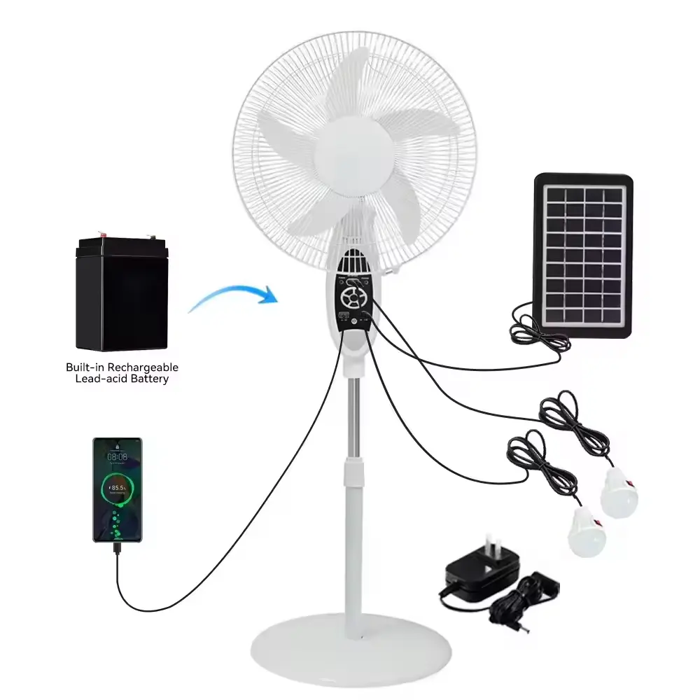16-Inch Cheap Emergency LED Lights USB Charger Charge Phone Powered Solar Standing Fan with Panel and Battery Outdoor Home Use