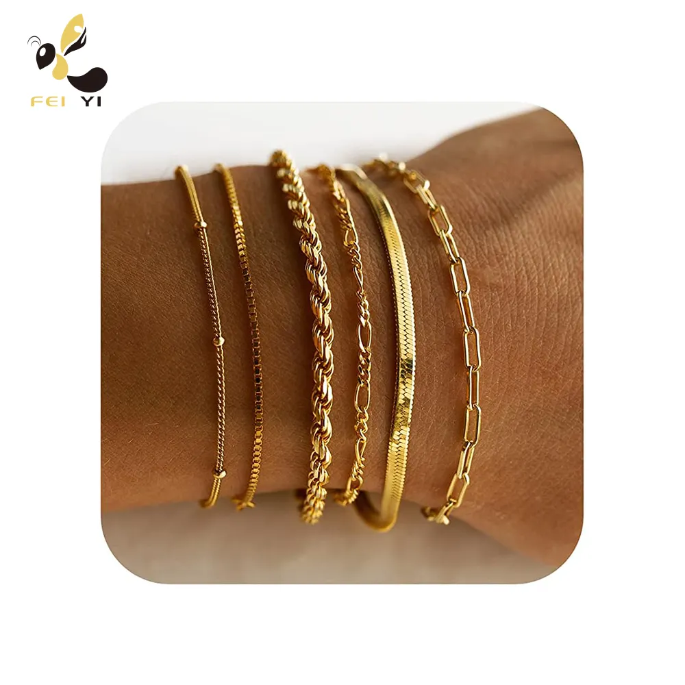 Conjunto de 6 uds de joyería exquisita pulsera de cadena Figaro Cadena de serpiente plana Acero inoxidable 14K 18K chapado en oro Clip de papel conjunto de pulsera