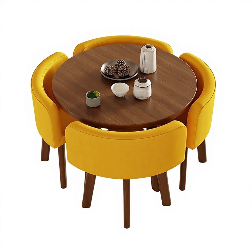 80cm walnut pattern round table + 4 yellow fabric chairs