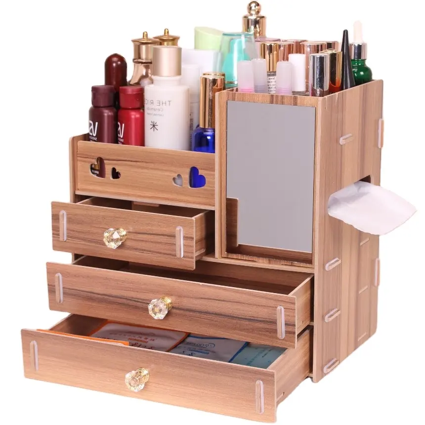 Mzl organizador de cosméticos para gavetas, caixa de madeira para armazenamento de cosméticos em casa, com espelho e caixa