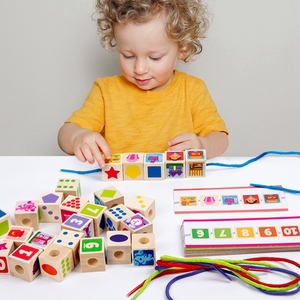 HOYE CRAFTS Diy Stacking Número Building Blocks Toy Madeira Stringing Lacing Beads Brinquedo com Caixa
