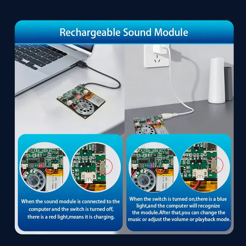 DIYサウンド製品ギフトまたはグリーティングカード用の充電式USBダウンロード可能8Minitesミュージックタイムサウンドモジュール