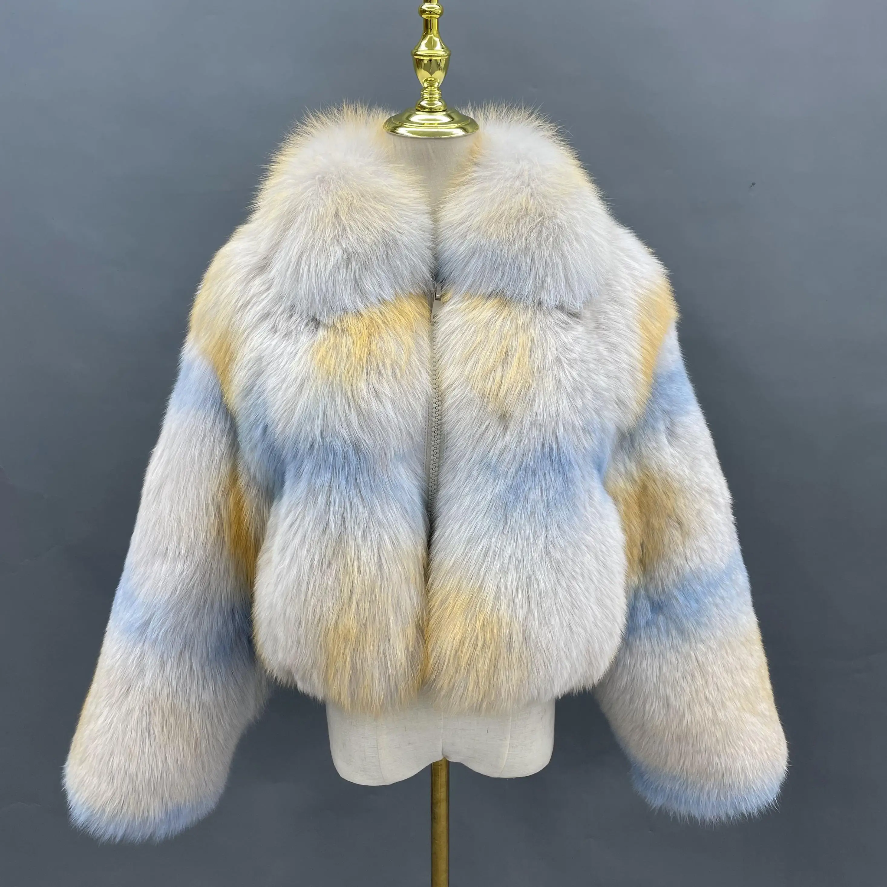 Turn-aşağı yaka reçine desen fermuar tüm deri tilki kazak ceket kadın tilki kürk ceket kırpılmış