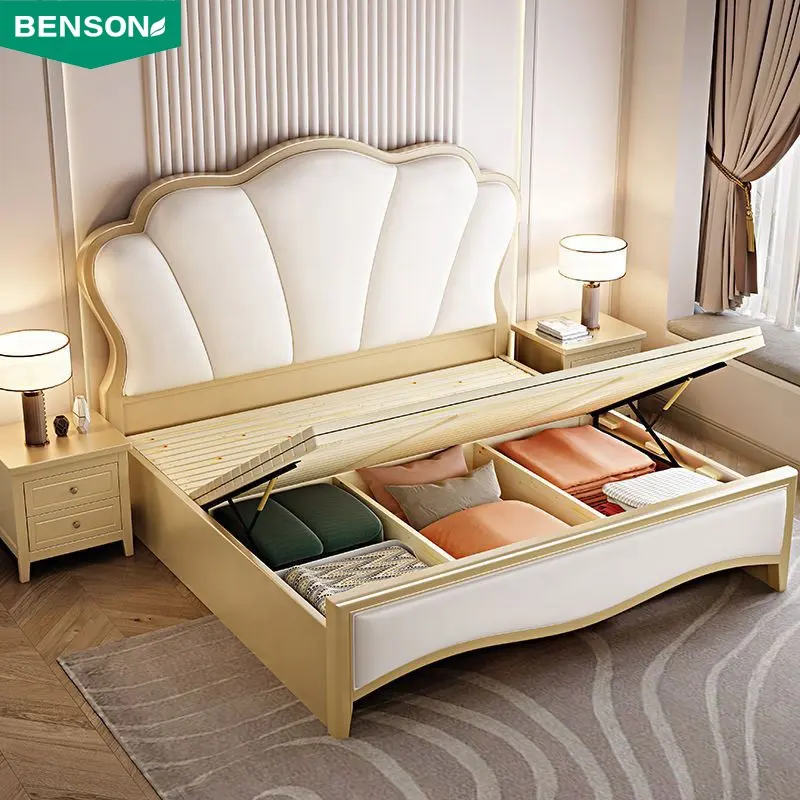 Tête de lit queen, nouveau modèle de meubles en bois massif en caoutchouc unique, lit de fond de teint, lits en bois nordique pour chambre à coucher avec rangement