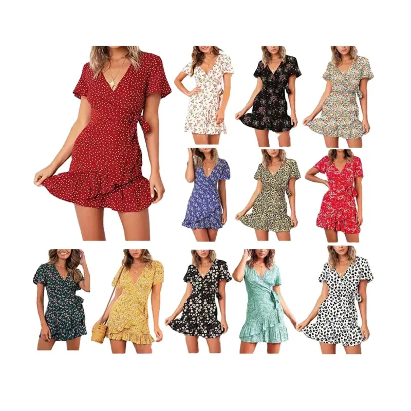 Venta al por mayor de las mujeres de verano con volantes dobladillo de manga corta Mini vestido de gasa con estampado floral vestido casual