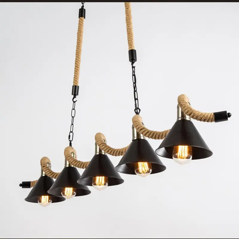 Candelabro de cuerda de cáñamo de estilo rural de hierro Retro, luz colgante de techo antiguo para mesa de comedor, lámpara colgante de Bar