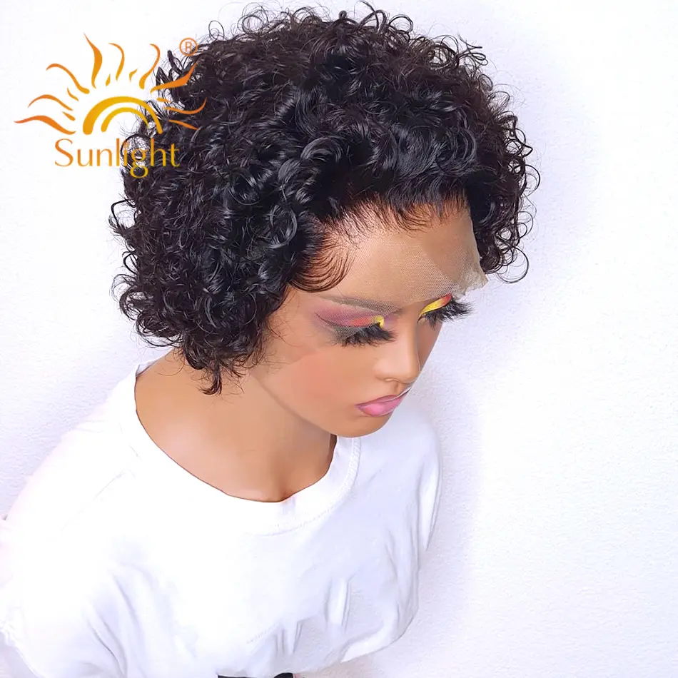 Wig Renda Hd Cahaya Matahari Rambut Manusia Perawan Pixie Potongan Perruque Belle Pendek Menenun Tanpa Lem Peruvian Bob Depan Pixie Curl Wig Manusia