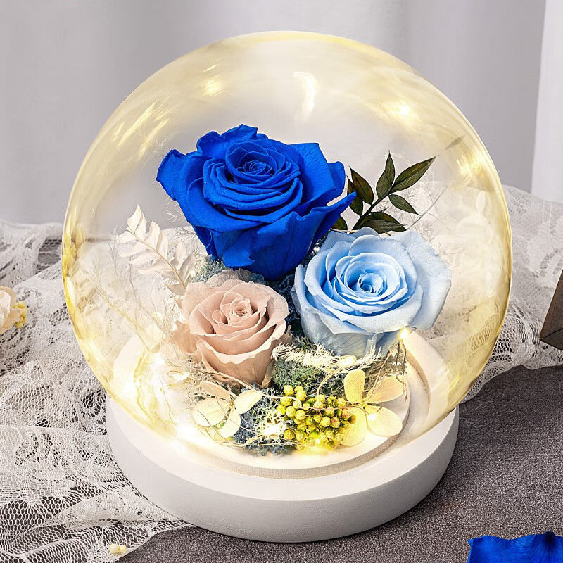 ดอกกุหลาบ 3 ดอก ตกแต่งดอกไม้นิรันดร์ (สีน้ำเงิน)